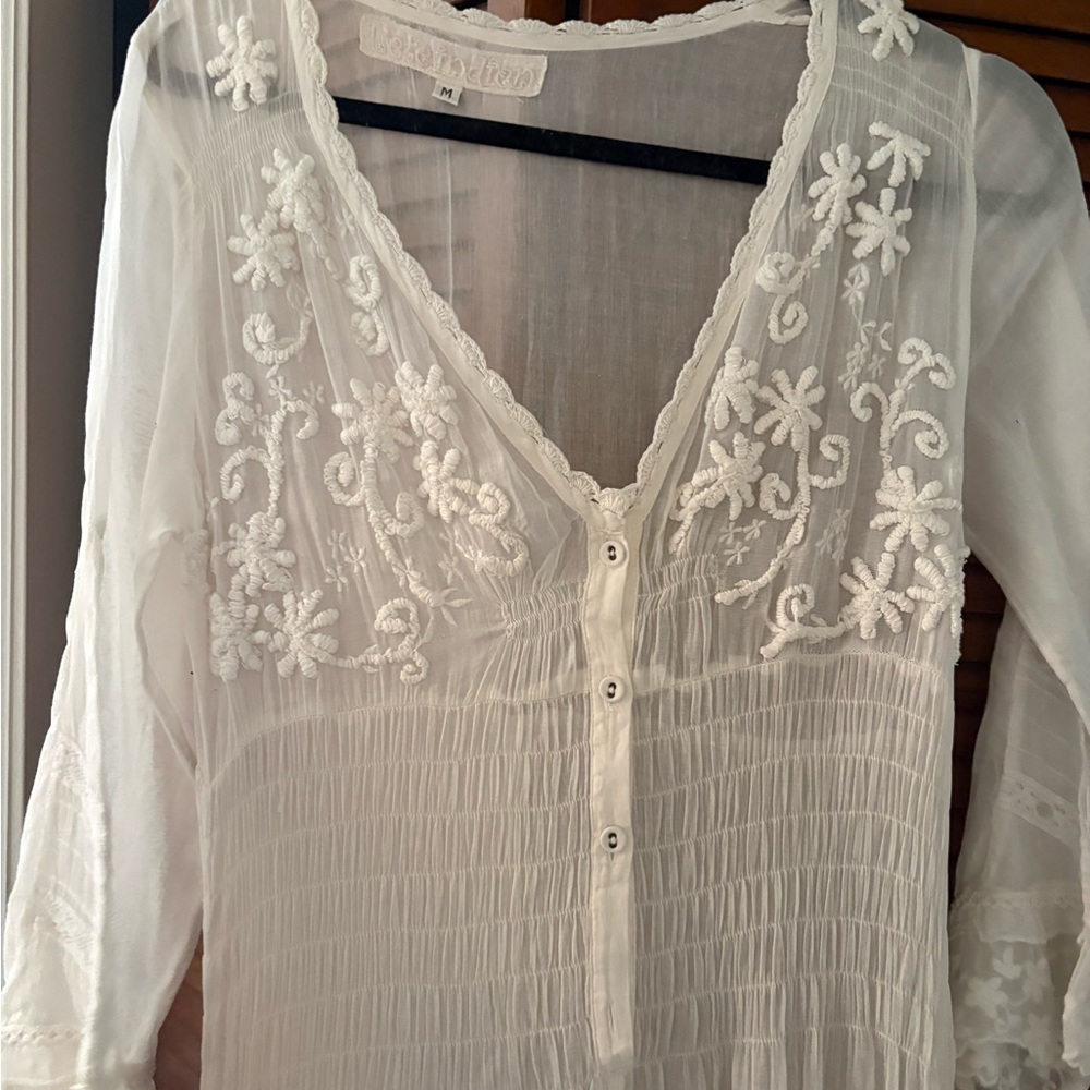 Embroidered Sheer Tunic Blouse in Ivory